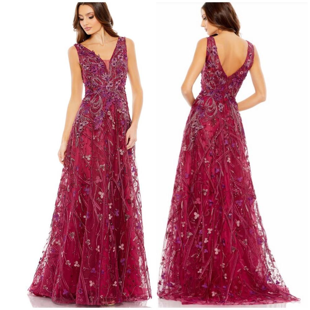 Mac Duggal NWT Embroidered Sleeveless Plunge Neck A Line Gown Berry Size 16